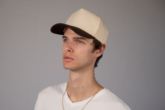 5-Panel Snapback (Curved Bill) — Natural / Brown Bill — Dozen Pack