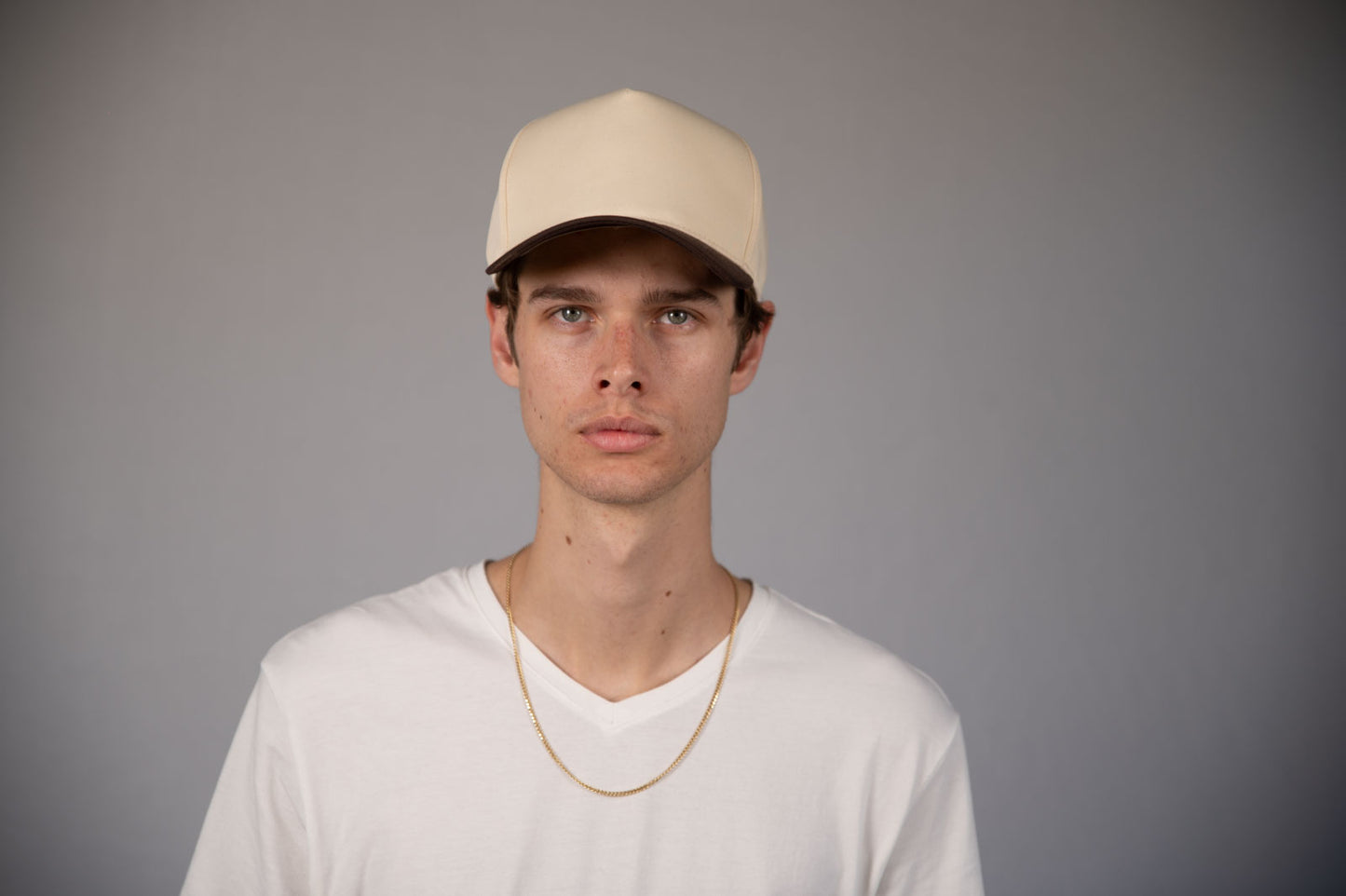 5-Panel Snapback (Curved Bill) — Natural / Brown Bill — Dozen Pack