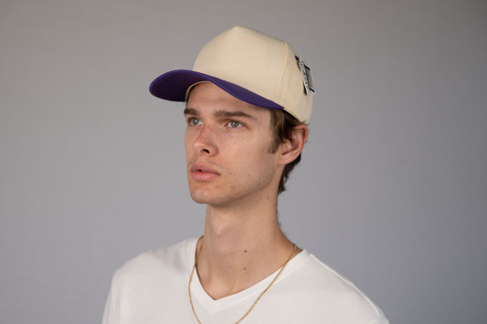 5-Panel Snapback (Curved Bill) — Natural / Dark Purple Bill — Dozen Pack