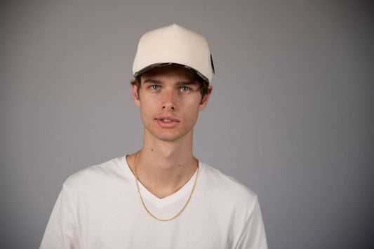 5-Panel Snapback (Curved Bill) — Natural / Grey Camo Bill — Dozen Pack