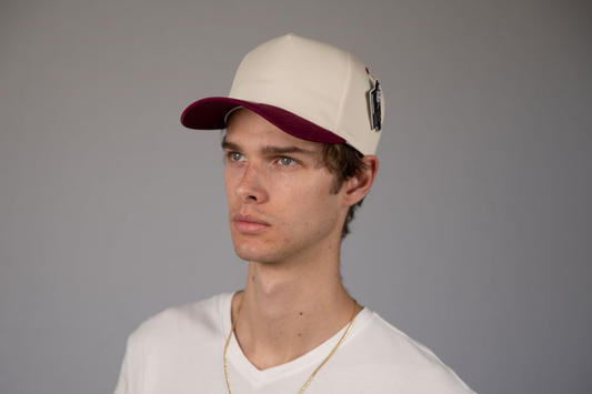 5-Panel Snapback (Curved Bill) — Natural / Maroon Bill — Dozen Pack