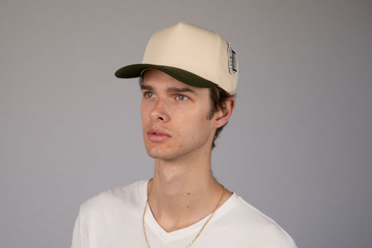 5-Panel Snapback (Curved Bill) — Natural / Olive Bill — Dozen Pack