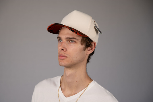 5-Panel Snapback (Curved Bill) — Natural / Orange Camo Bill — Dozen Pack