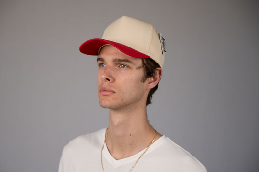 5-Panel Snapback (Curved Bill) — Natural / Red Bill — Dozen Pack