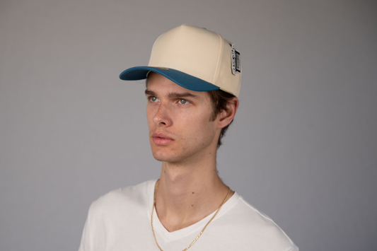 5-Panel Snapback (Curved Bill) — Natural / Turquoise Bill — Dozen Pack