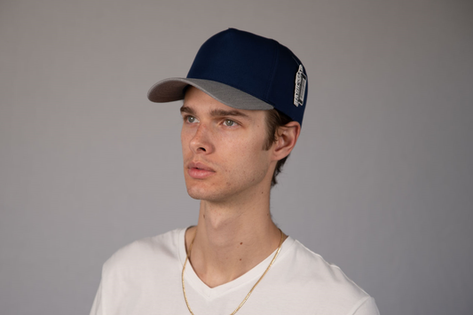 5-Panel Snapback (Curved Bill) — Navy Blue / Light Grey Bill — Dozen Pack