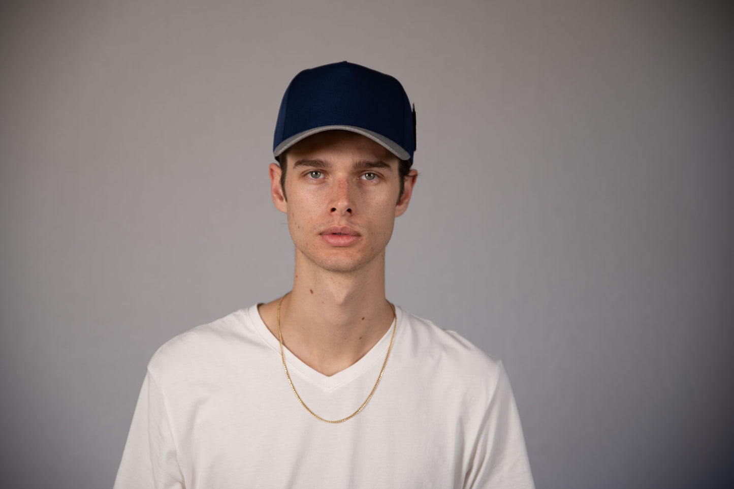 5-Panel Snapback (Curved Bill) — Navy Blue / Light Grey Bill — Dozen Pack