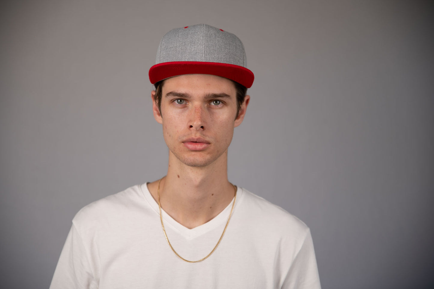 6-Panel Snapback (Flat Bill) — Heather Grey / Red Bill — Dozen Pack