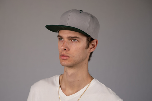 6-Panel Snapback (Flat Bill) — Light Grey / Dark Green Bill — Dozen Pack