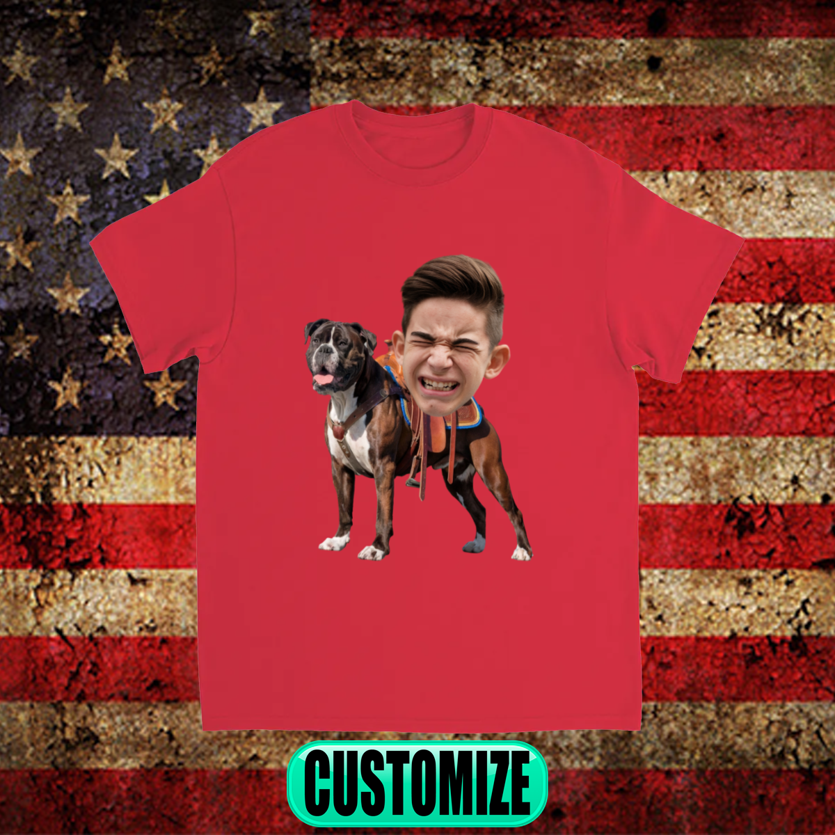 CUSTOM BOXER DOG RIDING MOUNT FACE T-SHIRT