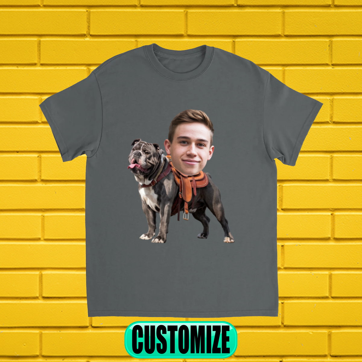 CUSTOM BULL DOG DOG RIDING MOUNT FACE T-SHIRT