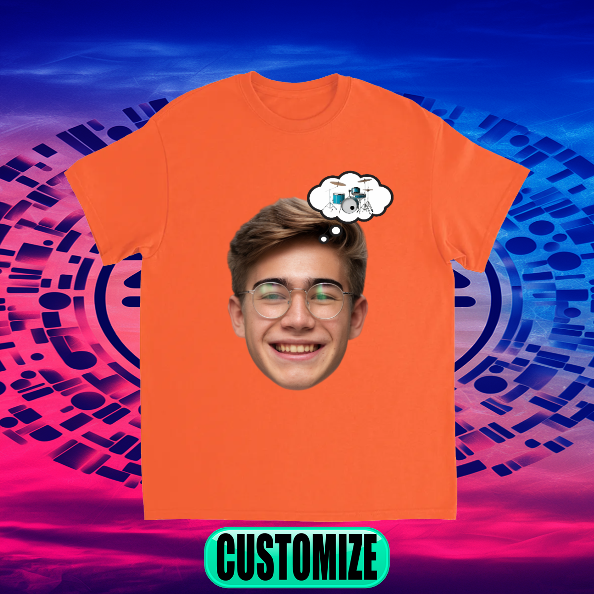 CUSTOM FACE T-SHIRT W/ DRUMSET THOUGHT BUBBLE