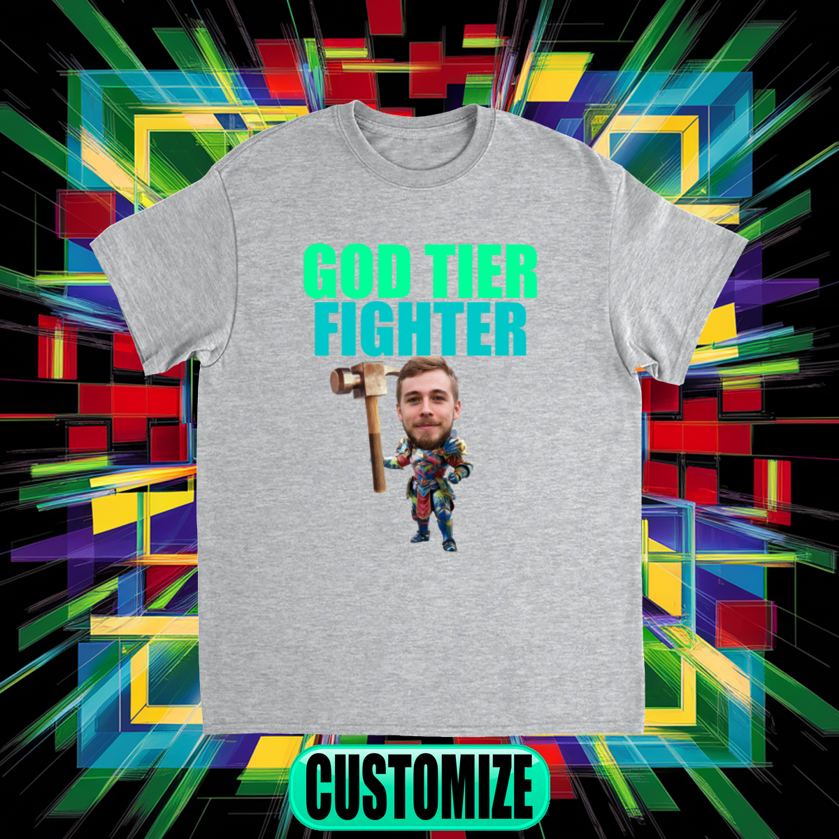 CUSTOM FIGHTING CHARACTER T-SHIRT (KNIGHT  W/ HAMMER)