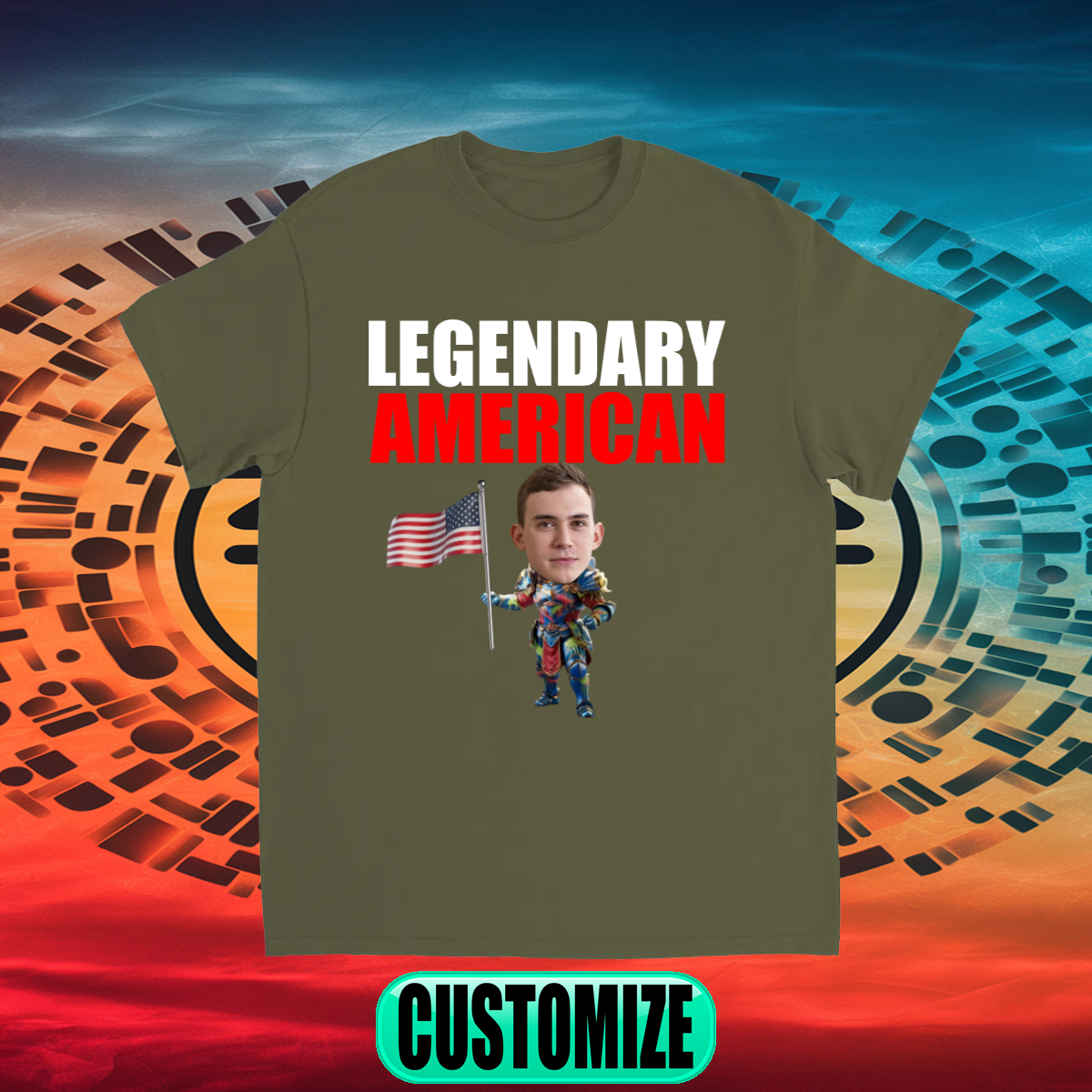 CUSTOM FIGHTING CHARACTER T-SHIRT (KNIGHT  W/ HAMMER AMERICAN FLAG)