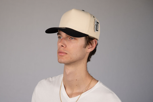 5-Panel Snapback (Curved Bill) — Natural / Black Bill — Dozen Pack
