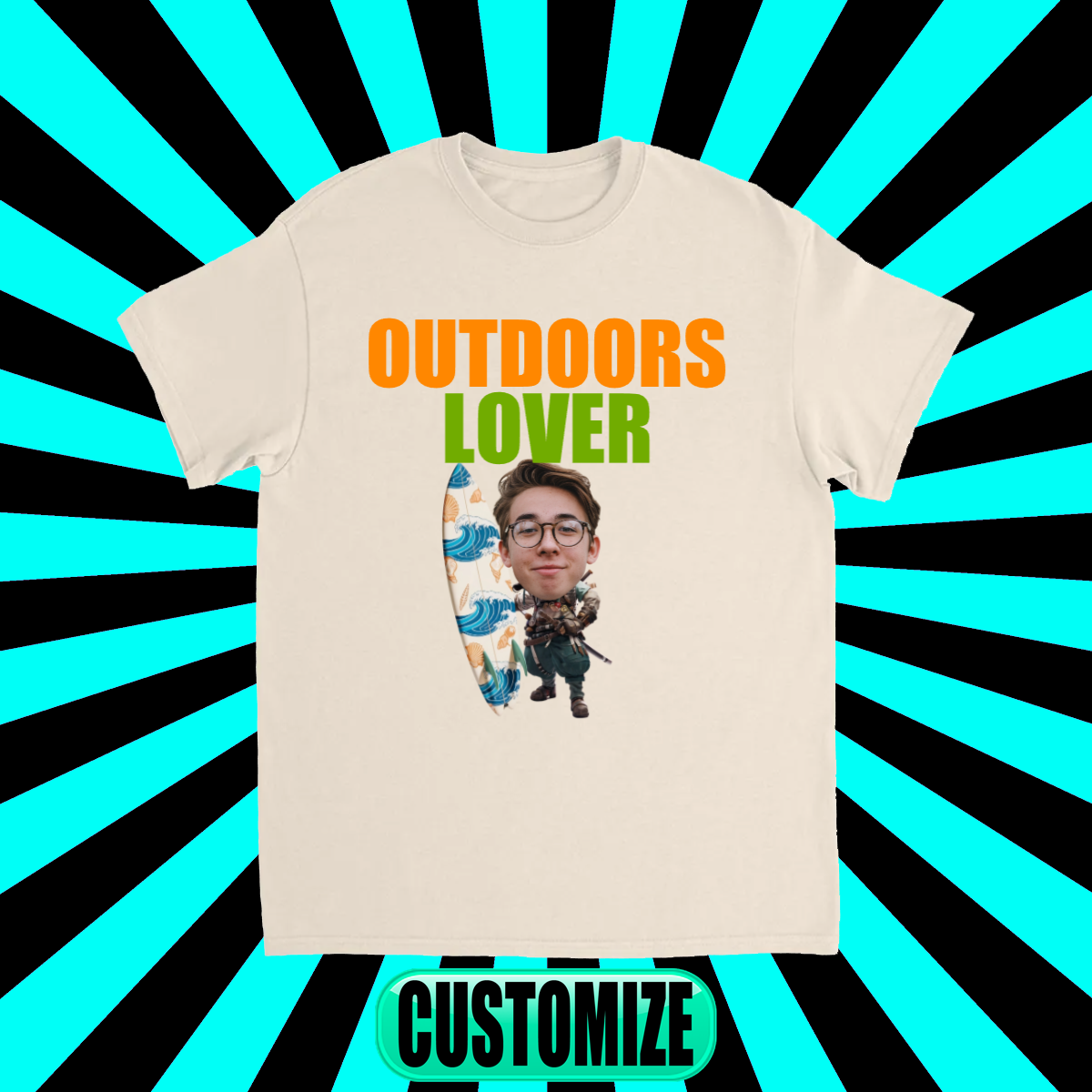 CUSTOM FIGHTING CHARACTER T-SHIRT (ADVENTURER W/ SURFBOARD)