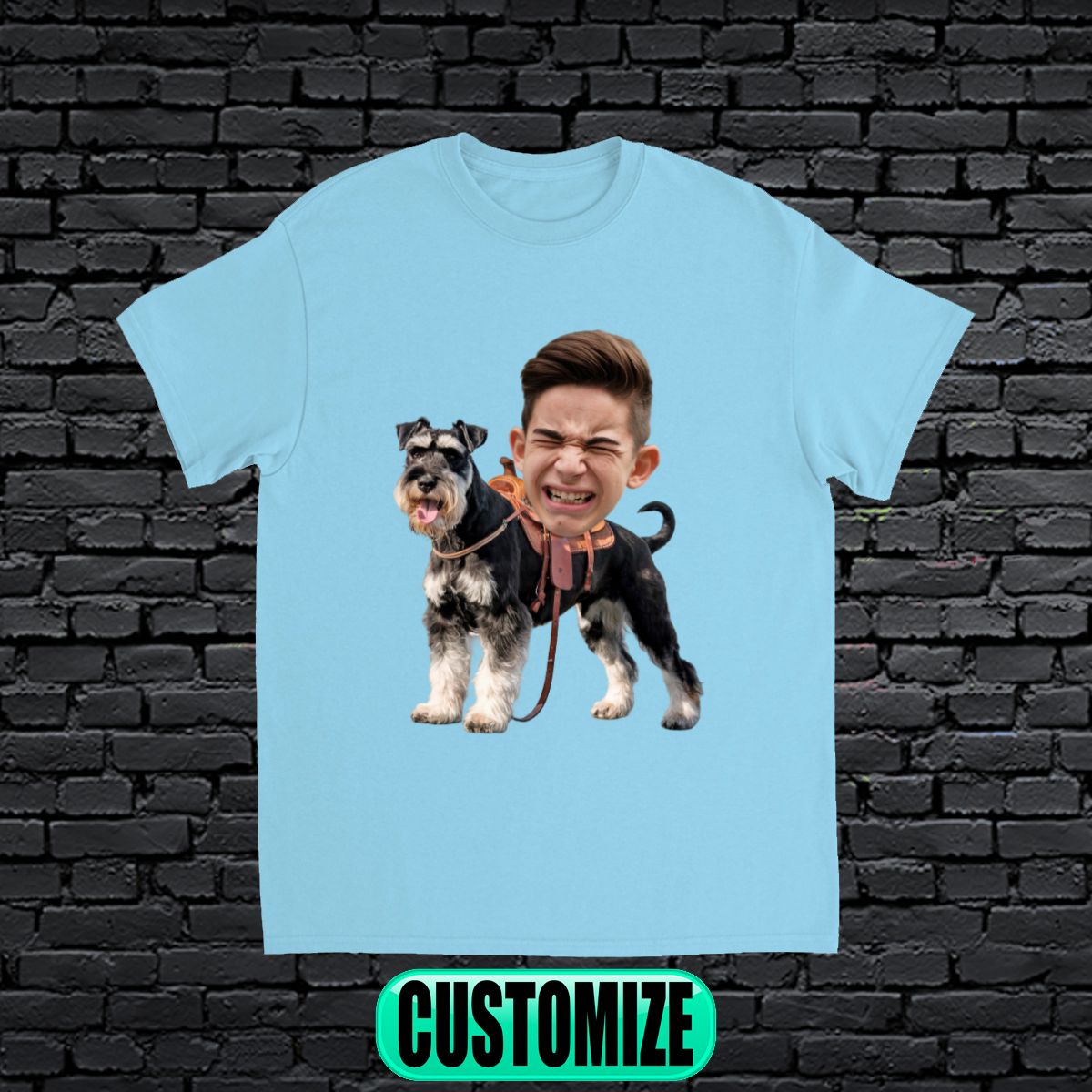 CUSTOM SCHNAUZER DOG RIDING MOUNT FACE T-SHIRT