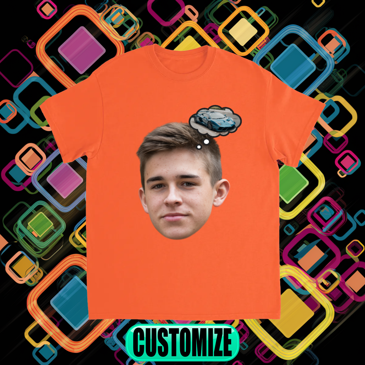 CUSTOM FACE T-SHIRT W/ SUPER CAR THOUGHT BUBBLE