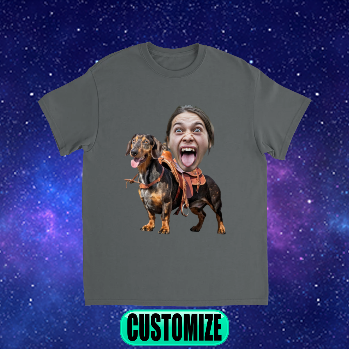 CUSTOM DACHSHUND DOG RIDING MOUNT FACE T-SHIRT