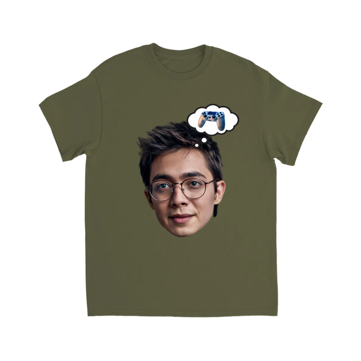 CUSOTM FACE T-SHIRT W/ GAME CONTROLLER THOUGHT BUBBLE