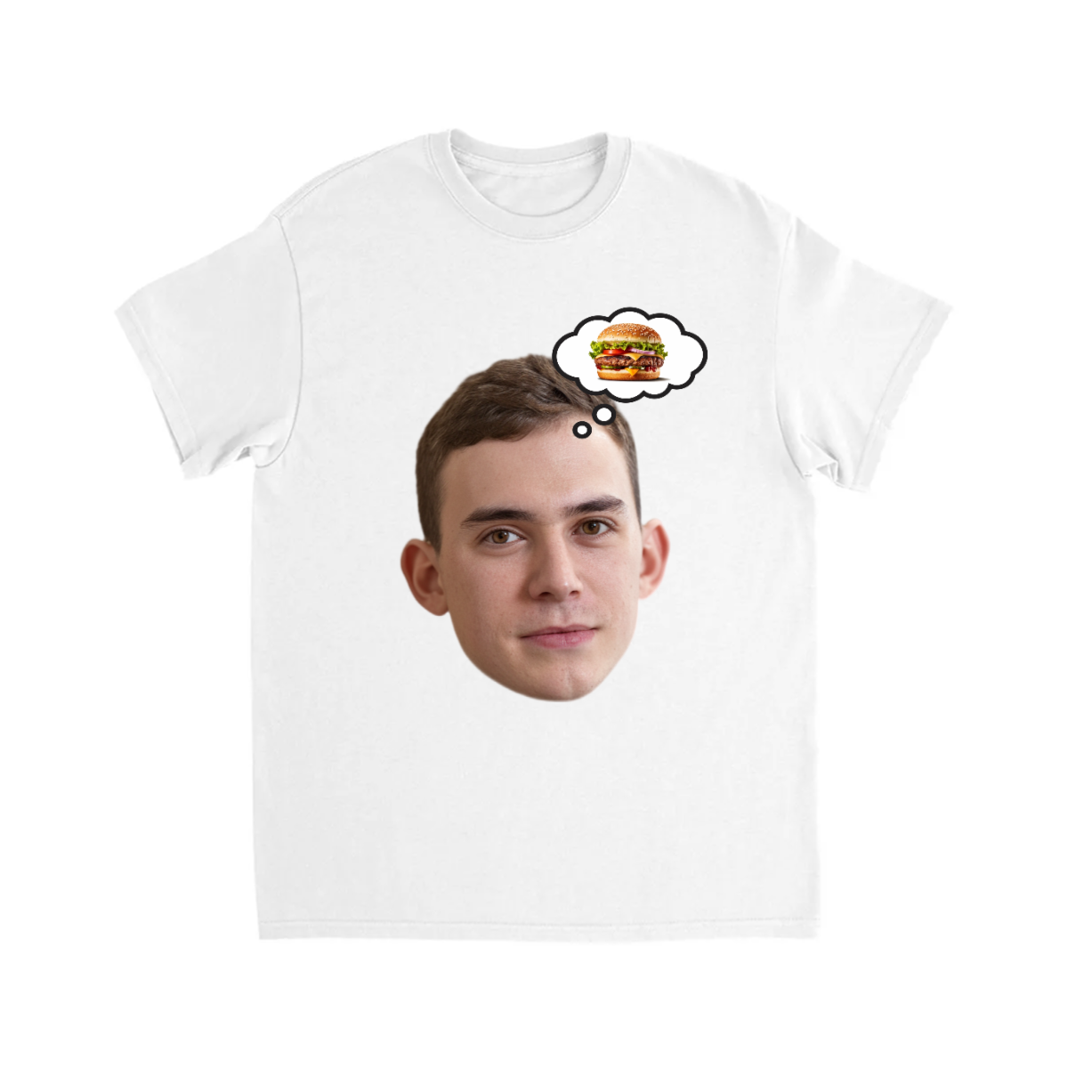 CUSTOM FACE T-SHIRT W/ CHEESE BURGER THOUGHT BUBBLE