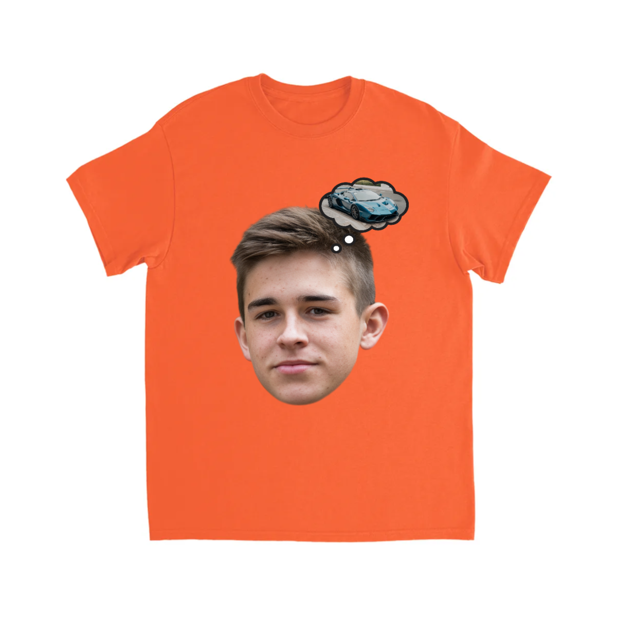 CUSTOM FACE T-SHIRT W/ SUPER CAR THOUGHT BUBBLE