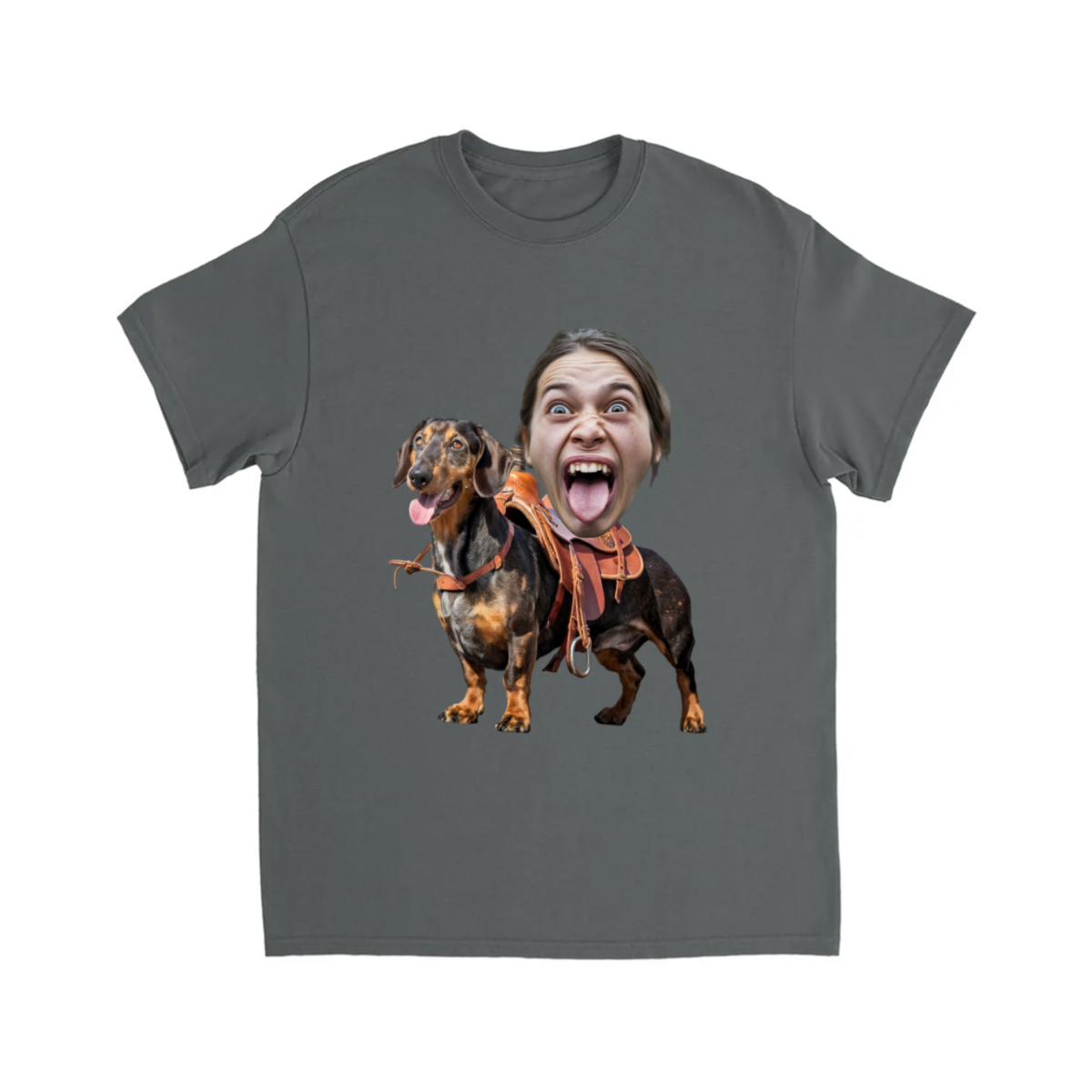 CUSTOM DACHSHUND DOG RIDING MOUNT FACE T-SHIRT