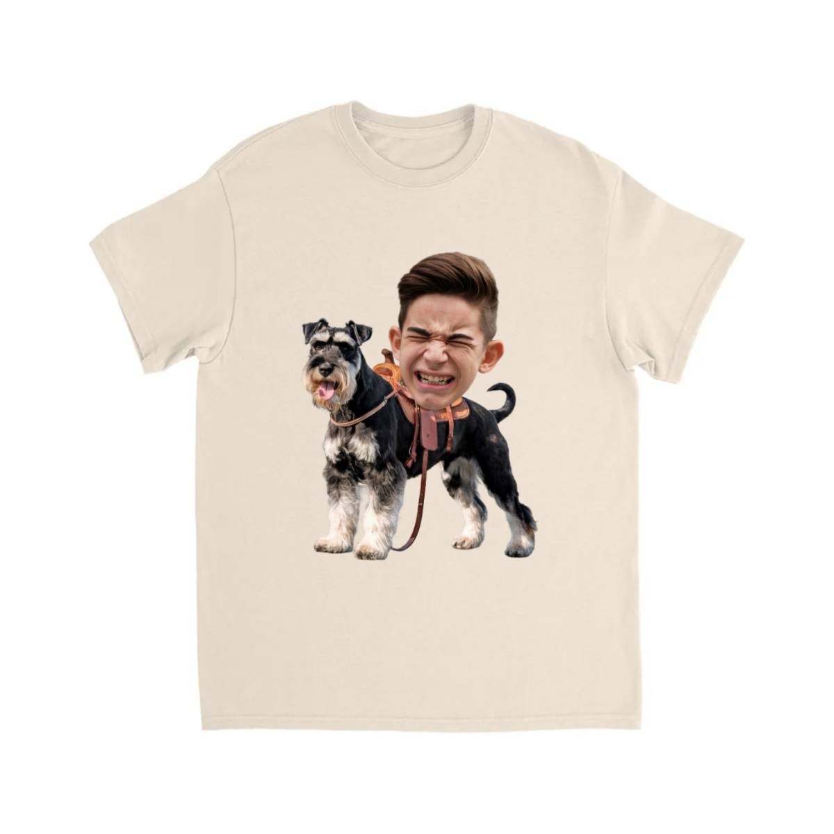 CUSTOM SCHNAUZER DOG RIDING MOUNT FACE T-SHIRT