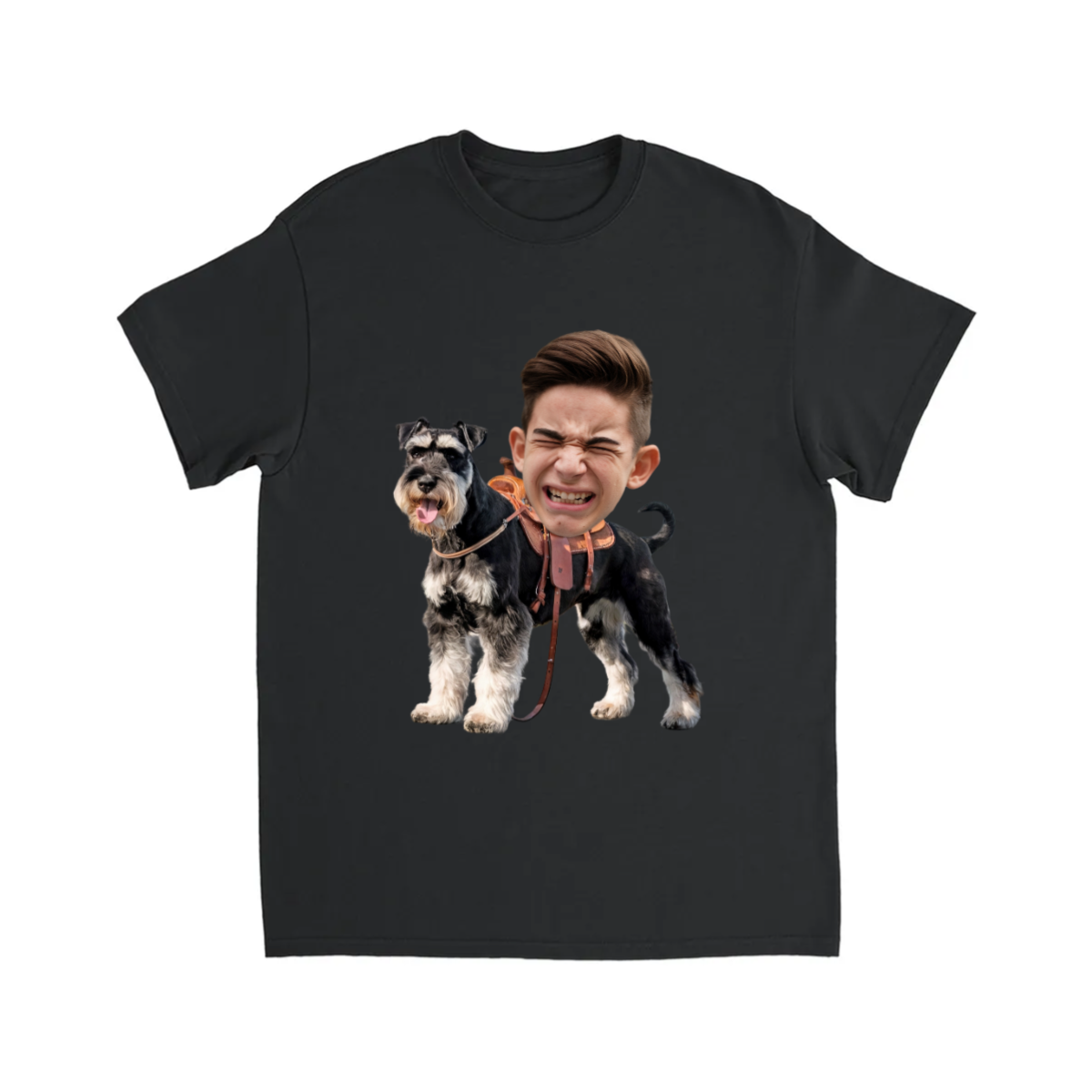 CUSTOM SCHNAUZER DOG RIDING MOUNT FACE T-SHIRT