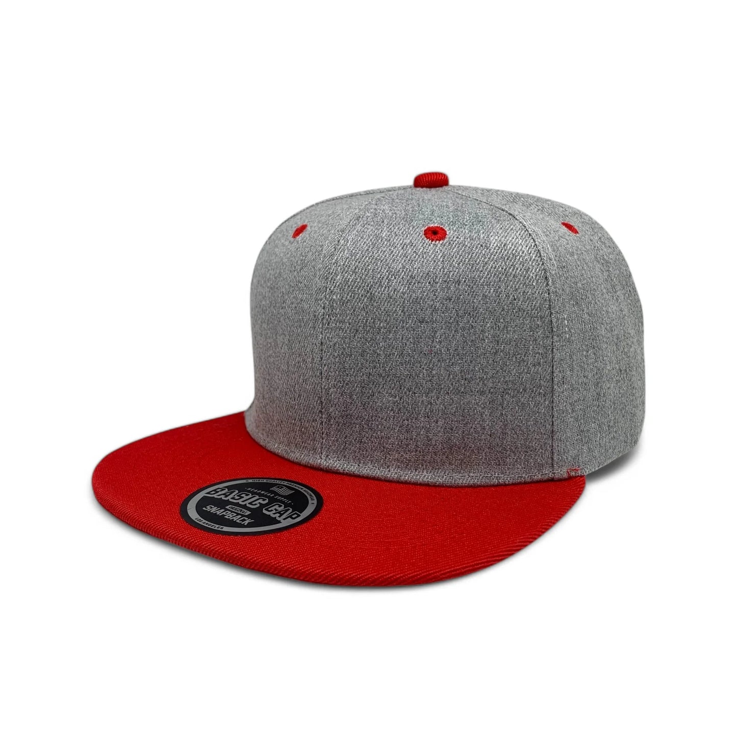 6-Panel Snapback (Flat Bill) — Heather Grey / Red Bill — Dozen Pack