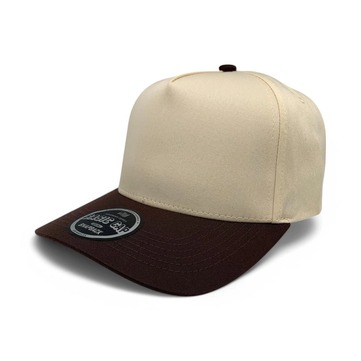 5-Panel Snapback (Curved Bill) — Natural / Brown Bill — Dozen Pack