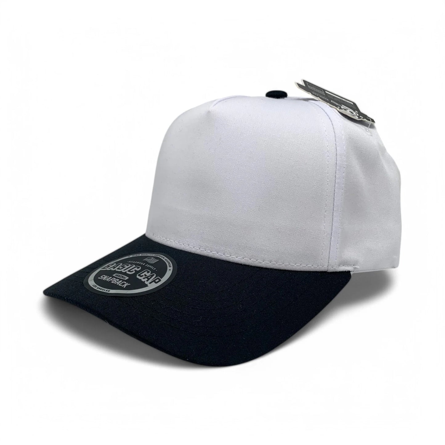 5-Panel Snapback (Curved Bill) — White / Black Bill — Dozen Pack